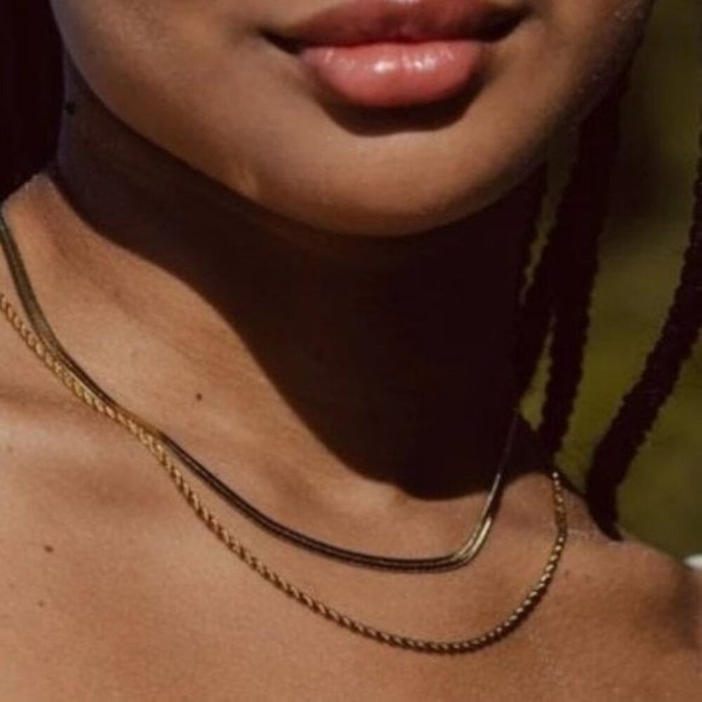 Necklace Layered Gold Herringbone & Gold Rope Chain Necklace WATERPROOF Necklace - Picture 11 of 13